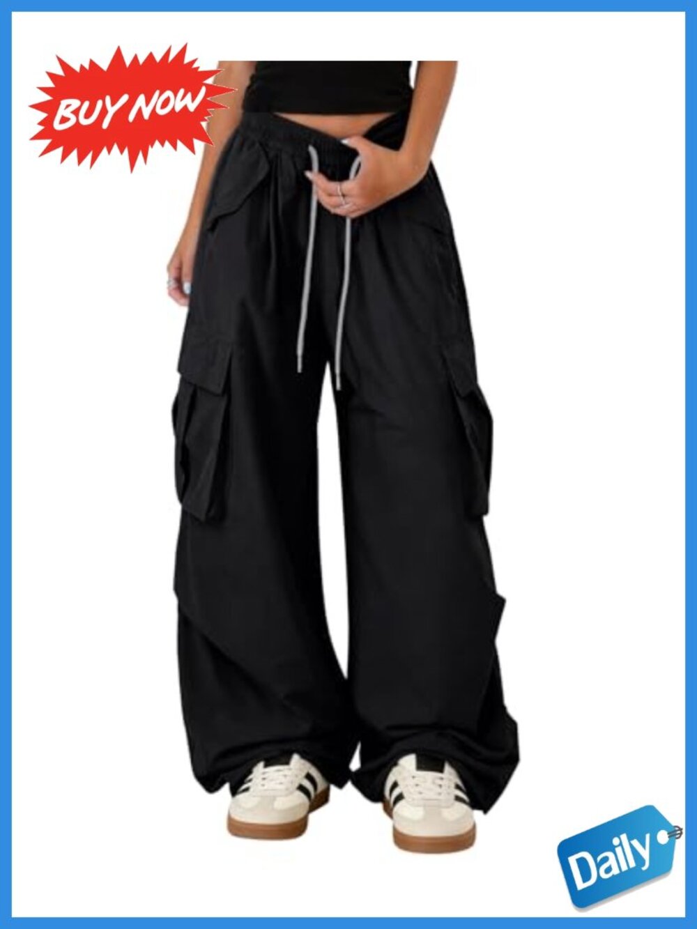 Wide Leg Baggy Cargo Pants Y2K Barrel Drawstring Trousers with Pockets